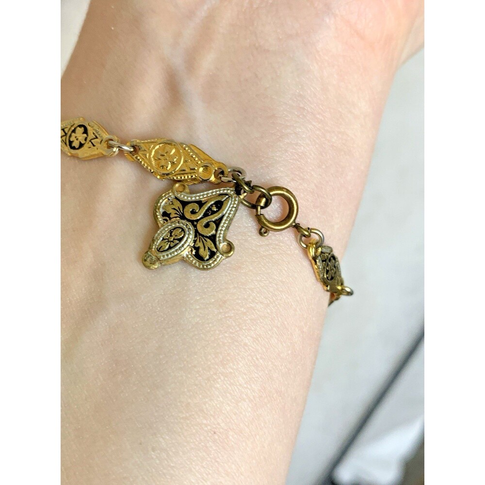 Vintage Damascene Bracelet Made In Spain Black Enamel Gold Tone Charm 7" - Picture 4 of 9
